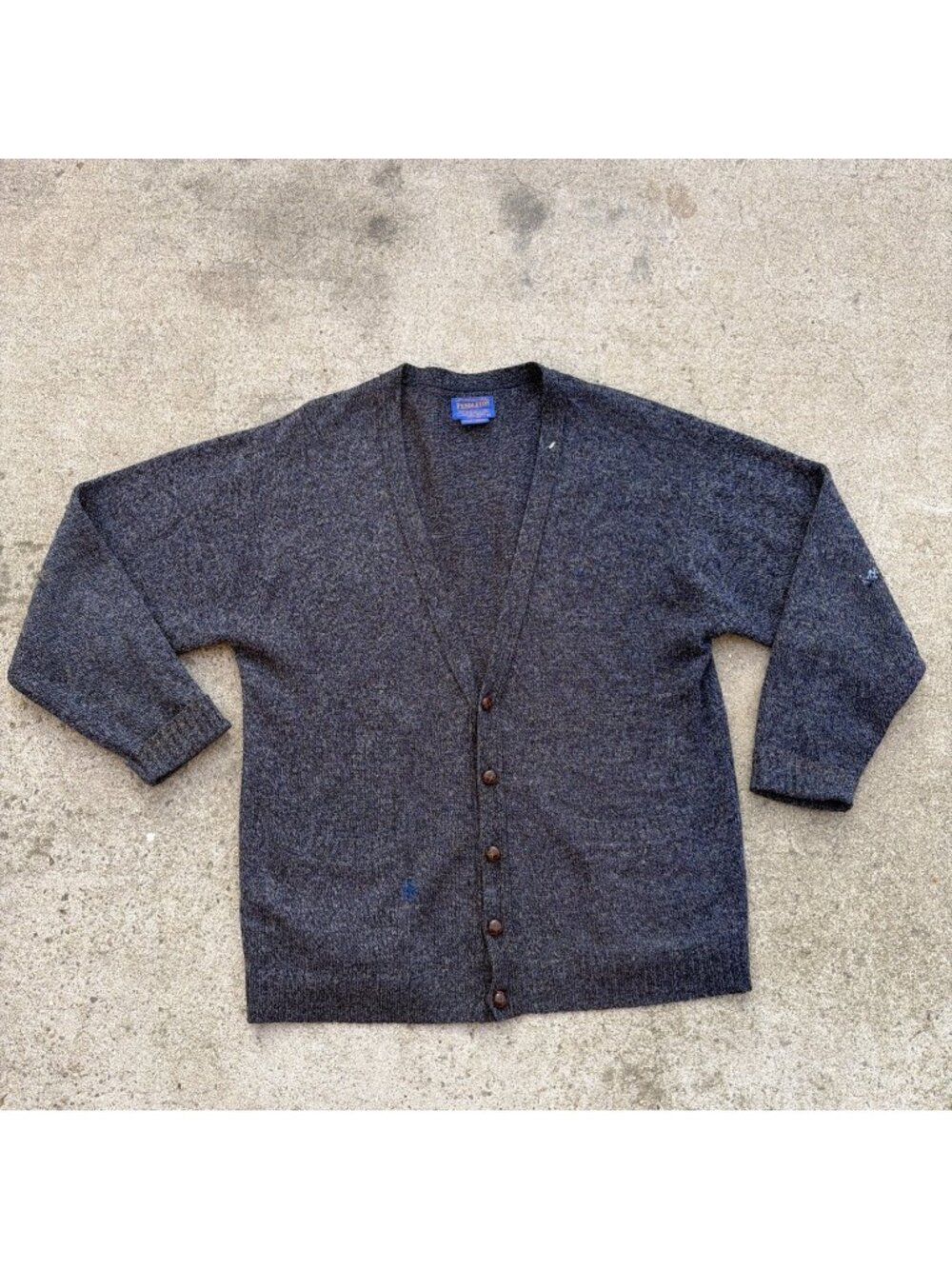 Vintage Pendleton Virgin Wool Mens L Blue Knit Cardigan Sweater Button V-Neck